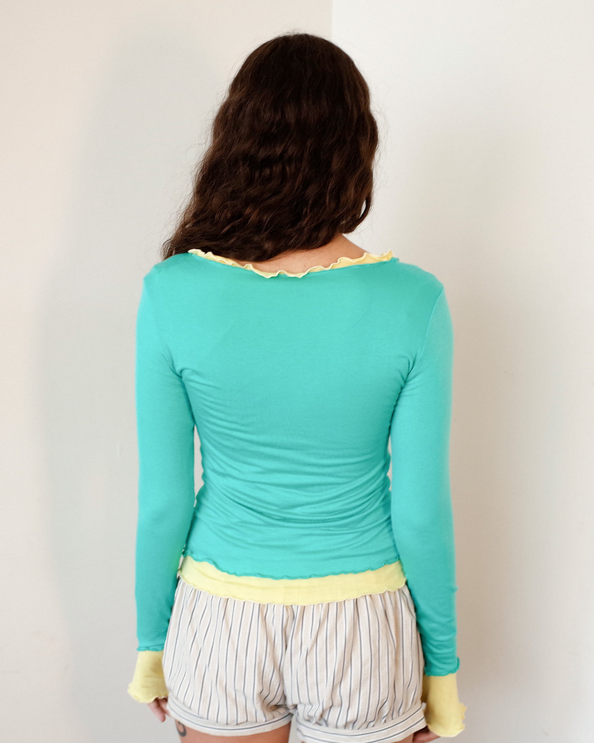 NINA DOUBLE TOPS IN AQUA OVER YELLOW