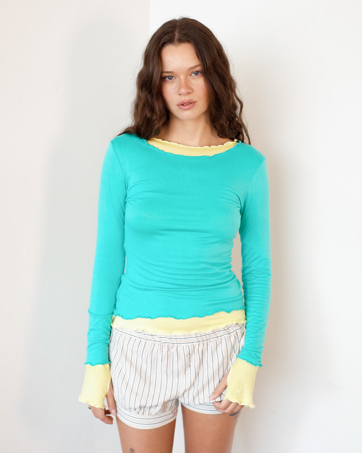 NINA DOUBLE TOPS IN AQUA OVER YELLOW