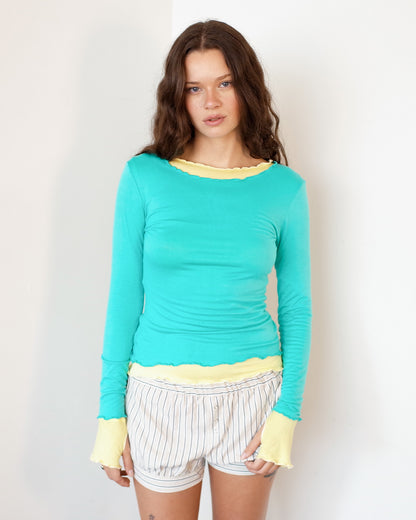 NINA DOUBLE TOPS IN AQUA OVER YELLOW