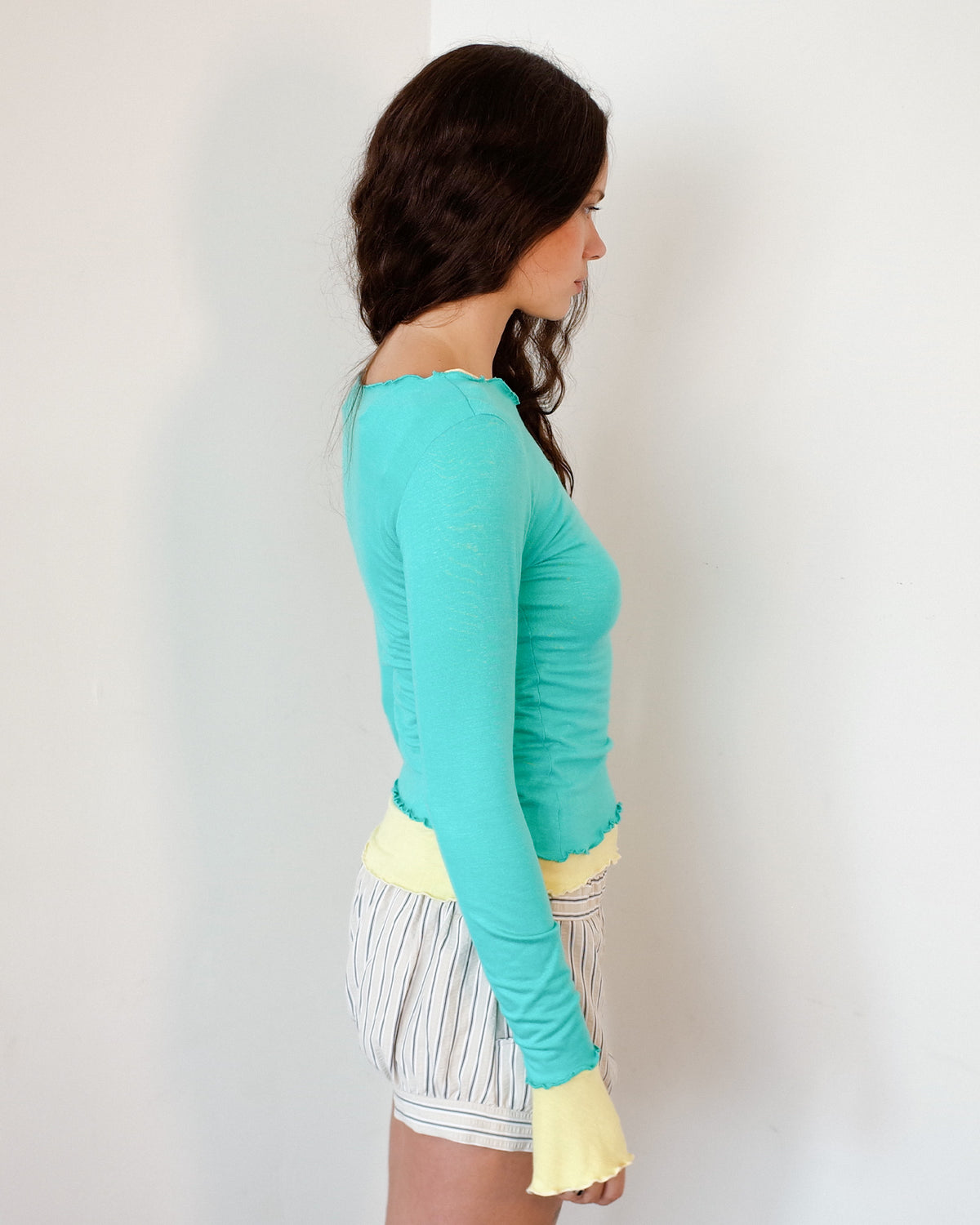 NINA DOUBLE TOPS IN AQUA OVER YELLOW